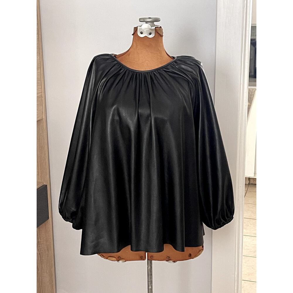 Aritzia Wilfred Sz M Bica Blouse Top Black Faux Leather Edgy Peasant Boho - Picture 3 of 15